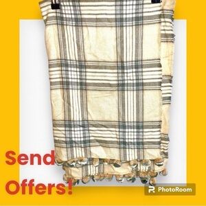 J Crew Plaid Pom Pom Scarf Cream Tan Wool Acrylic